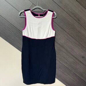 Ann Taylor Women's Sheath Dress Colorblock Trim Size 10 Navy White Magenta Knee